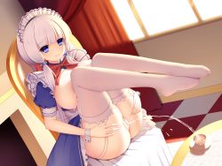 Rule 34 | 1girl, ass, azur lane, bad id, bad pixiv id, bar censor, blue eyes, blush, breasts, censored, cleft of venus, coffee, cup, dress, hair ornament, highres, illustrious (azur lane), indoors, pussy, lactation, laoan, large breasts, long hair, partially visible vulva, pee, peeing, peeing in cup, pussy, sitting, smile, solo, teacup, thighhighs, thighs, underwear, wedgie, white dress, white hair, white headwear, white thighhighs