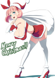 Rule 34 | 1girl, absurdres, aqua eyes, bare shoulders, belt, blush, boots, bow, breasts, christmas, cleavage, english text, gift bag, hair bow, hanging breasts, hat, high heels, highres, holding, huge breasts, leaning forward, looking at viewer, medium hair, merry christmas, midriff, mole, mole on breast, mole under eye, navel, no bra, open mouth, original, pink hair, red bow, sakamata (sakamata4), santa boots, santa costume, santa hat, shadow, simple background, skirt, smile, solo, standing, strapless, thighhighs, white background
