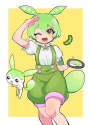 Rule 34 | 1girl, :3, ;3, absurdres, animal ears, arm up, blush, blush stickers, commentary, creature and personification, edamame, feet out of frame, food, green hair, green shorts, green suspenders, green tail, hair between eyes, hand up, highres, holding, holding plate, ja (zunda6), neck ribbon, one eye closed, open mouth, orange eyes, pea pod, personification, plate, puffy short sleeves, puffy shorts, puffy sleeves, ribbon, salute, shirt, short sleeves, shorts, square, suspender shorts, suspenders, two-tone background, voiceroid, voicevox, white background, white shirt, zunda mochi, zundamon