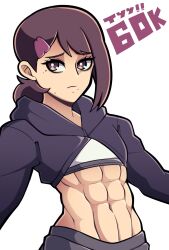 Rule 34 | 1girl, abs, absurdres, brown eyes, brown hair, chainsaw man, commentary, crop top, cropped hoodie, english commentary, flat chest, hair behind ear, hair ornament, hairclip, higashiyama kobeni, highres, hood, hoodie, kermittend, midriff, milestone celebration, mole, mole under eye, mole under mouth, multiple moles, muscular, muscular female, navel, ponytail, solo, toned, upper body