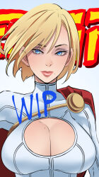 Rule 34 | 1girl, blonde hair, blue eyes, breasts, butcha-u, cape, cleavage, cleavage cutout, clothing cutout, dc comics, highres, large breasts, leotard, lipstick, makeup, mole, mole on breast, mole under mouth, power girl, solo