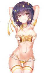 Rule 34 | 10s, 1girl, absurdres, armpits, arms behind head, arms up, bare arms, bikini, black hair, blush, breasts, choker, closed mouth, collarbone, commentary, cowboy shot, detached sleeves, frilled bikini, frills, gluteal fold, hair between eyes, hair ornament, head tilt, highres, looking at viewer, medium breasts, mizuno ai, navel, puffy short sleeves, puffy sleeves, red eyes, ribbon choker, short hair, short sleeves, simple background, solo, standing, stomach, sunhyun, swimsuit, thigh gap, thighhighs, wavy mouth, white background, white thighhighs, yellow choker, zombie land saga