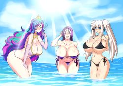 Rule 34 | 3girls, bikini, blonde hair, blue eyes, blush, breasts, celestia (my little pony), cleavage, crown, devil-v, elbow gloves, fate/grand order, fate (series), gloves, highres, huge breasts, jewelry, long hair, mabinogi, minamoto no raikou (fate), multiple girls, my little pony, my little pony: friendship is magic, nao (mabinogi), necklace, open mouth, pink eyes, purple eyes, purple hair, side-tie bikini bottom, smile, swimsuit, thigh gap, twintails, very long hair, water