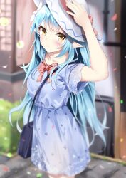 Rule 34 | 1girl, adapted costume, adjusting clothes, adjusting headwear, aizawa (aizawatsu), bag, blue dress, blue hair, blush, bow, bowtie, breasts, commentary, dress, empire waist, flower, hair flower, hair ornament, hand on headwear, handbag, hat, highres, hololive, lace sleeves, light smile, long hair, looking at viewer, medium breasts, multicolored clothes, multicolored dress, outdoors, pointy ears, red bow, red bowtie, see-through, see-through sleeves, short sleeves, solo, sun hat, very long hair, virtual youtuber, white hat, yellow eyes, yukihana lamy