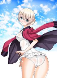 Rule 34 | 10s, 1girl, aoiakira553, ass, blonde hair, blue eyes, blush, braid, breasts, cloud, cloudy sky, cowboy shot, darjeeling (girls und panzer), day, frilled swimsuit, frills, from behind, girls und panzer, jacket, jacket on shoulders, long sleeves, looking at viewer, looking back, military, military uniform, one-piece swimsuit, red jacket, short hair, sky, smile, solo, swimsuit, thighs, twin braids, uniform, white one-piece swimsuit