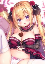 Rule 34 | 1girl, arm warmers, babydoll, bare shoulders, blonde hair, breasts, cameltoe, candy, chocolate, chocolate heart, cleavage, crotch seam, detached collar, flower, food, hair flower, hair ornament, heart, large breasts, long hair, looking at viewer, mitsuba choco, navel, open mouth, original, panties, purple eyes, rose, smile, solo, stomach, thighhighs, tiara, twintails, underwear, underwear only, white panties, white thighhighs