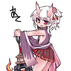Rule 34 | 1girl, breasts, club, club (weapon), cowboy shot, fang, flower, from side, hair flower, hair ornament, hakama, hakama short skirt, hakama skirt, horns, japanese clothes, kanabou, looking at viewer, nemui (nemui), oni, onibahime (sennen sensou aigis), open mouth, red eyes, sennen sensou aigis, sideboob, simple background, skirt, small breasts, solo, weapon, white background, white hair