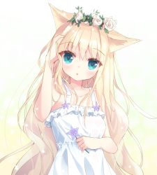 Rule 34 | 1girl, :o, animal ears, aqua eyes, arm up, bare arms, bare shoulders, blonde hair, blush, breasts, cat ears, collarbone, commentary request, dress, flower, hair between eyes, hair flower, hair ornament, hamaru (s5625t), highres, holding, holding flower, long hair, original, parted lips, purple flower, rose, sleeveless, sleeveless dress, small breasts, solo, very long hair, white dress, white flower, white rose