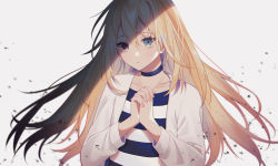 Rule 34 | 1girl, absurdres, black choker, blonde hair, blue eyes, blurry, choker, collarbone, floating hair, grey background, hair between eyes, highres, jacket, long hair, long sleeves, looking at viewer, open clothes, open jacket, own hands clasped, own hands together, oyu0819, parted lips, rachel gardner, satsuriku no tenshi, shirt, simple background, solo, striped clothes, striped shirt, upper body, white jacket