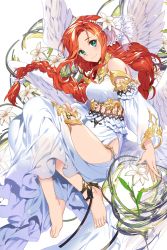 Rule 34 | ankle ribbon, anklet, aqua eyes, bare shoulders, barefoot, braid, detached sleeves, empew, feet, flower, jewelry, leg ribbon, lily (flower), long hair, red hair, ribbon, single braid, smile, soccer spirits, solo, toes, very long hair, wings