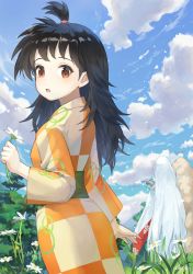 Rule 34 | 1boy, 1girl, :o, absurdres, artist name, black hair, brown eyes, checkered clothes, checkered kimono, cloud, day, flower, highres, holding, holding flower, inuyasha, japanese clothes, kimono, long hair, long sleeves, looking at viewer, looking back, obi, one side up, orange kimono, outdoors, rin (inuyasha), sash, sesshoumaru, sky, sleeves past fingers, sleeves past wrists, songdaesic, very long hair, white flower, white hair, wide sleeves