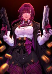 Rule 34 | 1girl, absurdres, black jacket, black shorts, commentary, dual wielding, earrings, english commentary, evil grin, evil smile, eyewear on head, gloves, grin, gun, hair between eyes, high-waist shorts, highres, holding, holding gun, holding weapon, honkai: star rail, honkai (series), jacket, jacket on shoulders, jewelry, kafka (honkai: star rail), long hair, long sleeves, looking at viewer, pantyhose, purple eyes, purple gloves, purple hair, purple pantyhose, sethkiel, shirt, shorts, sidelocks, smile, solo, sunglasses, weapon, white shirt