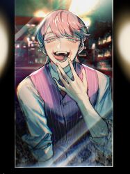 Rule 34 | 1boy, :d, blue eyes, collared shirt, cowboy shot, earrings, hand up, highres, indoors, jewelry, long hair, looking at viewer, male focus, open mouth, pink hair, pink vest, sanzu haruchiyo, shirt, sleeves rolled up, smile, solo, sonyo738, standing, teeth, tokyo revengers, tongue, tongue out, vest, white shirt