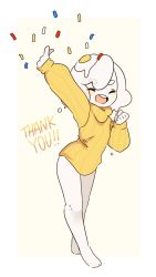 Rule 34 | 1girl, arm up, bare legs, barefoot, clenched hand, closed eyes, commentary, confetti, egg, egg (food), egg (lemyawn), english commentary, food, full body, highres, lemyawn, long sleeves, medium hair, open mouth, orange sweater, original, solo, standing, sunny side up egg, sweater, thank you, white hair