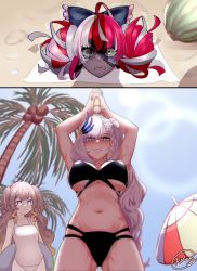 Rule 34 | 3girls, anya melfissa, bikini, black bikini, black bow, blush, bow, breasts, cleavage, colored skin, disembodied head, double bun, food, fruit, green eyes, grey hair, grey skin, hair bow, hair bun, heterochromia, highres, hololive, hololive indonesia, holoro, kureiji ollie, medium breasts, multicolored hair, multiple girls, navel, one-piece swimsuit, palm tree, parted lips, pavolia reine, red hair, rlus, smile, stitched face, stitches, stomach, streaked hair, suikawari, swimsuit, tree, virtual youtuber, watermelon, white one-piece swimsuit, yellow eyes