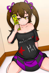 Rule 34 | 1girl, bare shoulders, breasts, brown hair, cellphone, checkered clothes, checkered skirt, cleavage, collarbone, cosplay, english text, hair between eyes, hair ribbon, hecatia lapislazuli, hecatia lapislazuli (cosplay), highres, himekaidou hatate, holding, holding phone, indoors, long hair, looking at phone, medium breasts, off shoulder, phone, ribbon, saihi, seiza, shirt, sitting, skirt, smile, solo, t-shirt, touhou, twintails, yellow eyes