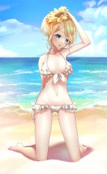 Rule 34 | 1girl, absurdres, beach, bikini, blonde hair, blue eyes, blue sky, breasts, cloud, flower, foaming waves, frilled bikini, frills, hair flower, hair ornament, hand on own head, highres, kagamine rin, kneeling, looking at viewer, medium breasts, midriff, navel, noa (retsuhim6927), ocean, sand, sky, solo, sparkle, sunflower, swimsuit, tongue, tongue out, twitter username, updo, vocaloid, white bikini