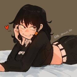 Rule 34 | 1girl, absurdres, ass, bed, belt, black hair, blush, chainsaw man, collar, hand on own cheek, hand on own face, highres, long sleeves, looking to the side, lying, midriff, mifune fumiko, on stomach, pk draws 40, red eyes, solo, teeth