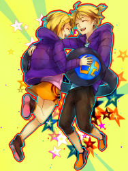Rule 34 | 1boy, 1girl, alternate costume, bad id, bad pixiv id, blonde hair, brother and sister, casual, closed eyes, hair ornament, hairclip, happy, headphones, kagamine len, kagamine rin, matsunaka hiro, oversized object, ponytail, short hair, siblings, twins, vocaloid