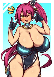 Rule 34 | 1girl, ;d, absurdres, bare shoulders, blue background, bodysuit, breasts, cleavage, collar, commentary request, commission, earrings, framed, gloves, grey bodysuit, grey gloves, hair between eyes, hair ornament, highres, huge breasts, jewelry, long hair, looking at viewer, nikuatsu magician shinbo, one eye closed, open mouth, original, pink hair, side ponytail, simple background, skeb commission, smile, solo, standing, thighs, yellow eyes