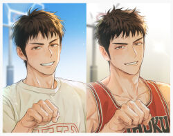 Rule 34 | 1boy, aged down, basketball hoop, basketball jersey, basketball uniform, beckoning, bishounen, black eyes, blue sky, brown hair, fist bump, happy, looking at viewer, male focus, mitsui hisashi, multiple views, og man, outdoors, red tank top, short hair, sky, slam dunk (series), smile, sportswear, sun, sun glare, sweat, tank top, toned, toned male, upper body, white tank top