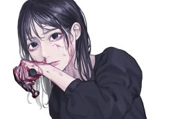 Rule 34 | 1girl, black eyes, black hair, black shirt, blood, blood on face, blood on hands, hammer, highres, holding, holding hammer, lips, looking at viewer, mamekusa shirou, original, shirt, simple background, solo, upper body, white background