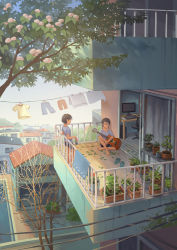 Rule 34 | 1boy, 1girl, acoustic guitar, against railing, apartment, balcony, bare tree, barefoot, black hair, blue shirt, blue sky, building, can, chair, city, cityscape, closed eyes, closed mouth, clothes hanger, clothesline, commentary request, computer, crossed ankles, day, desk, flower, flower pot, full body, glass door, glasses, guard rail, guitar, happy, highres, holding, holding can, indie utaite, instrument, keyboard (computer), kitsu+3, laundry, leaf, lon (utaite), matching outfits, monitor, mouse (computer), niconico, office chair, on floor, open door, original, outdoors, plant, potted plant, power lines, railing, rooftop, scenery, screen door, shirt, short hair, short sleeves, shorts, sitting, sky, sliding doors, slippers, unworn slippers, smile, soraru, standing, swivel chair, tree, utaite