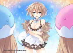 Rule 34 | 10s, 2015, 3girls, alternate breast size, bare shoulders, blanc (neptunia), blue eyes, blush, breasts, brown hair, cleavage, company name, dress, hat, highres, holding, holding clothes, holding hat, lens flare, looking at viewer, multiple girls, neck ribbon, neptune (series), non-web source, official art, ram (neptunia), ribbon, rom (neptunia), shin jigen game neptune vii, short hair, siblings, sisters, skirt, smile, snowflakes, sparkle, sweatdrop, tsunako, twins, unworn hat, unworn headwear, watermark