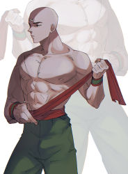 Rule 34 | 1boy, absurdres, bald, dragon ball, dragon ball (classic), feet out of frame, green pants, highres, looking at viewer, looking to the side, male focus, nachos (chos na), pants, sash, scar, scar on chest, short hair, solo, standing, tenshinhan, third eye, topless male