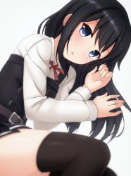 Rule 34 | 10s, 1girl, asashio (kancolle), bad id, bad pixiv id, belt, black hair, black thighhighs, blue eyes, blush, buttons, dress, from side, highres, kantai collection, long hair, long sleeves, looking at viewer, neck ribbon, parted lips, pinafore dress, pleated dress, pleated skirt, red ribbon, ribbon, sana (sauber0531), school uniform, shirasawa kazane, simple background, skirt, sleeveless, sleeveless dress, solo, thighhighs, white background, zettai ryouiki