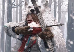 Rule 34 | 1girl, absurdres, aiming, arrow (projectile), bow (weapon), brown gloves, day, drawing bow, fighting stance, forest, fur trim, ginho, gloves, hair over one eye, highres, holding, holding bow (weapon), holding weapon, long sleeves, nature, one eye covered, outdoors, pelt, ready to draw, red eyes, red scarf, scarf, snowing, solo, tree, weapon