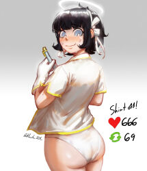 Rule 34 | 1girl, absurdres, artist name, ass, azazel (helltaker), black hair, blue eyes, blunt bangs, blush, bob cut, bright pupils, closed mouth, collared shirt, commentary, cowboy shot, embarrassed, english commentary, english text, excited, from behind, gloves, gradient background, grey background, hair ribbon, hairband, halo, hand up, heart, helltaker, highres, holding, holding pen, khester824, left-handed, like and retweet, looking at viewer, looking back, looking down, meme, nervous, no pants, nose blush, panties, pen, raised eyebrows, ribbon, shirt, short hair, short sleeves, sidelocks, signature, simple background, smile, solo, standing, sweat, nervous sweating, twitter strip game (meme), twitter username, underwear, wavy mouth, white gloves, white hairband, white panties, white pupils, white ribbon, white shirt