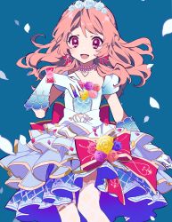 Rule 34 | 1girl, :d, absurdres, aikatsu!, aikatsu! (series), arm at side, blue background, blue dress, blue flower, blue rose, bow, bow earrings, braid, collarbone, commentary, crown, dress, earrings, flower, frills, gloves, head wreath, heart, heart necklace, highres, jewelry, lace, lace legwear, long hair, looking at viewer, mochizuki kei, necklace, ozora akari, open mouth, petals, pink bow, pink flower, pink hair, pink rose, purple flower, purple rose, red eyes, rose, rose petals, simple background, smile, solo, yellow flower, yellow rose