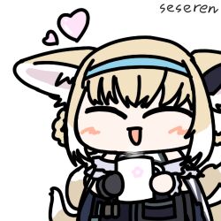 1girl ^_^ animal_ears animated animated_gif arknights artist_name black_gloves blonde_hair blush braid braided_hair_rings chibi chibi_only chinese_commentary closed_eyes commentary_request cup fox_ears fox_girl fox_tail gloves hair_rings heart holding holding_cup kitsune kyuubi lowres missing_commentary multiple_tails open_mouth seseren short_hair signature simple_background single_glove solo suzuran_(arknights) tail twin_braids white_background