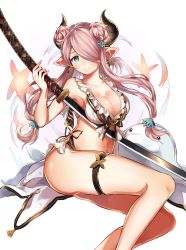 Rule 34 | 10s, 1girl, bikini, blue eyes, breasts, cleavage, double bun, draph, frilled bikini, frills, granblue fantasy, hair ornament, highres, horns, katana, large breasts, light purple hair, long hair, looking at viewer, narmaya (granblue fantasy), narmaya (summer) (granblue fantasy), navel, pointy ears, shiba inu (happy13227), simple background, smile, solo, swimsuit, sword, twintails, weapon, white background, white bikini
