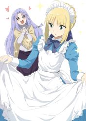 Rule 34 | 2girls, ahoge, akita hika, alternate costume, artoria pendragon (all), artoria pendragon (fate), bad id, bad twitter id, blonde hair, blush, bow, bowtie, braid, carnival phantasm, clothes lift, commentary request, dress, dress lift, enmaided, facing another, fate/stay night, fate (series), french braid, green eyes, heart, highres, interlocked fingers, juliet sleeves, long dress, long skirt, long sleeves, looking down, maid, maid headdress, medea (fate), multiple girls, open mouth, own hands together, puffy sleeves, purple hair, saber (fate), single braid, sketch, skirt, sparkle, white background