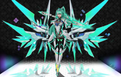 Rule 34 | 1girl, armor, axyachansword, blush, bodysuit, breasts, cleavage, elbow gloves, full body, gloves, greek text, green eyes, green hair, headpiece, highres, jewelry, matching hair/eyes, mecha musume, pneuma (xenoblade), ponytail, solo, thighhighs, tiara, weapon, xenoblade chronicles (series), xenoblade chronicles 2