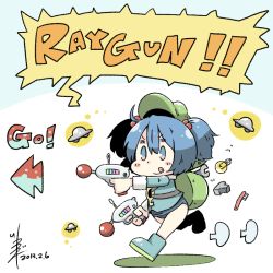 Rule 34 | &gt;:), 1girl, :q, arrow (symbol), backpack, bag, blue eyes, blue hair, blush stickers, chibi, commentary request, dated, dual wielding, energy gun, english text, full body, green hat, hair between eyes, hair bobbles, hair ornament, hat, holding, kawashiro nitori, key, light bulb, long sleeves, no pants, puzzle piece, ray gun, running, short hair, short twintails, simple background, solo, swimsuit, swimsuit under clothes, tongue, tongue out, toothbrush, touhou, tsukigi, twintails, two side up, ufo, v-shaped eyebrows, weapon, white background, wrench
