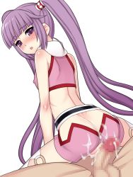 Rule 34 | 1boy, 1girl, ass, bitter sweet (fragment), blush, censored, cum, cum in pussy, grinding, hetero, highres, penis, purple eyes, purple hair, simple background, sophie (tales), tales of (series), tales of graces, twintails, white background