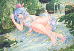Rule 34 | 1girl, :d, artist name, atdan, bare legs, bare shoulders, blue eyes, blue hair, breasts, day, dress, feet, haiyi, hat, high heels, jellyfish, looking at viewer, lying, medium breasts, nature, on back, open mouth, outdoors, plant, revision, river, sandals, short hair, sleeveless, sleeveless dress, smile, solo, strapless, strapless dress, synthesizer v, thighs, water, wet, white dress