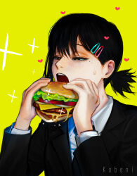 Rule 34 | 1girl, absurdres, black hair, black jacket, black necktie, burger, chainsaw man, character name, collared shirt, dbrhk0506, food, formal, hair ornament, hairclip, half-closed eyes, higashiyama kobeni, highres, holding, holding food, imminent bite, jacket, looking at object, medium hair, necktie, open mouth, shirt, short ponytail, simple background, single sidelock, solo, sparkle, suit, suit jacket, swept bangs, white shirt, yellow background