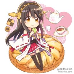 Rule 34 | 1girl, akitsuki ria, apple, black hair, boots, chibi, cookie, cup, detached sleeves, food, fruit, hair ornament, hairband, hairclip, haruna (kancolle), holding, holding food, holding fruit, kantai collection, kettle, long hair, looking at viewer, lowres, nontraditional miko, pie, pleated skirt, red skirt, skirt, smile, solo, tea, teacup, thigh boots, thighhighs, thumbprint cookie, twitter username, watermark, web address