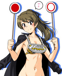 Rule 34 | 1girl, animal print, bikini, blush, breasts, brown eyes, brown hair, cleavage, closed mouth, collarbone, eyebrows hidden by hair, girls und panzer, hair ribbon, jacket, jacket on shoulders, looking at viewer, musical note, navel, oosaka kanagawa, ponytail, ribbon, simple background, small breasts, smile, solo, swimsuit, takashima remi, tiger print, upper body, white background