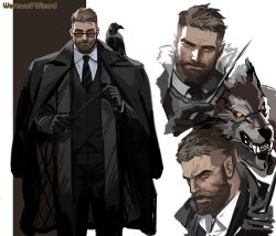 Rule 34 | 1boy, animal, beard, brown eyes, brown hair, coat, collared shirt, crown, dopey (dopq), facial hair, furry, furry male, glasses, gloves, highres, jacket, looking at viewer, male focus, manly, mature male, necktie, original, shirt, solo, undercut, wand, werewolf, yellow eyes