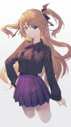Rule 34 | 1girl, alternate costume, black shirt, blonde hair, bow, bowtie, breasts, cha chya, collared shirt, cropped legs, eyepatch, fischl (genshin impact), genshin impact, green eyes, hair ornament, hand on own hip, highres, long hair, long sleeves, looking at viewer, medium breasts, miniskirt, pleated skirt, purple skirt, shirt, shirt tucked in, simple background, skirt, solo, two side up, white background