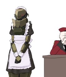 Rule 34 | 1boy, 1other, absurdres, aegis (girls&#039; frontline), alternate costume, apron, black dress, clothed robot, commander (girls&#039; frontline), commentary, cowboy shot, desk, dress, enmaided, frilled apron, frills, girls&#039; frontline, griffin &amp; kryuger military uniform, highres, maid, maid headdress, own hands together, puffy sleeves, robot, simple background, white apron, white background, wrist cuffs, yanagui