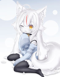 Rule 34 | 1girl, ahoge, animal ear fluff, animal ears, bell, black thighhighs, blue sweater, blush, collar, colored sclera, colored skin, commission, curss, fox ears, fox tail, grey hair, grey sclera, hair between eyes, highres, jingle bell, kamiko kana, long hair, long sleeves, looking at viewer, monster girl, monsterification, multicolored hair, neck bell, parted lips, sitting, skeb commission, sleeves past fingers, sleeves past wrists, slime girl, solo, streaked hair, sweater, tail, thighhighs, tsunderia, very long hair, virtual youtuber, wariza, white skin, yellow eyes