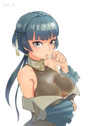 Rule 34 | 1girl, artist name, athena (fire emblem), blade ride, blue hair, blush, breasts, brown eyes, cleavage, fire emblem, fire emblem: mystery of the emblem, fire emblem: new mystery of the emblem, highres, large breasts, long hair, low ponytail, nintendo, open mouth, simple background, solo, upper body, white background