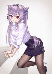 Rule 34 | 1girl, absurdres, alternate costume, arm support, bent over, black pantyhose, braid, collared shirt, commentary request, cone hair bun, contemporary, double bun, genshin impact, hair between eyes, hair bun, high heels, highres, keqing (genshin impact), long hair, long sleeves, looking at viewer, muitarou, office lady, pantyhose, pencil skirt, purple eyes, purple hair, shirt, sidelocks, simple background, single braid, skirt, solo, twintails