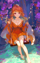 Rule 34 | 1girl, akizero1510, bare legs, bare shoulders, barefoot, blush, breasts, cleavage, closed mouth, collarbone, dress, earrings, feather earrings, feathers, flower, high ponytail, highres, hololive, hololive english, jewelry, long hair, long sleeves, looking at viewer, medium breasts, necklace, off shoulder, orange dress, orange hair, outdoors, purple eyes, purple flower, red eyes, sitting, smile, soaking feet, solo, swing, takanashi kiara, virtual youtuber, water, white flower, wide sleeves